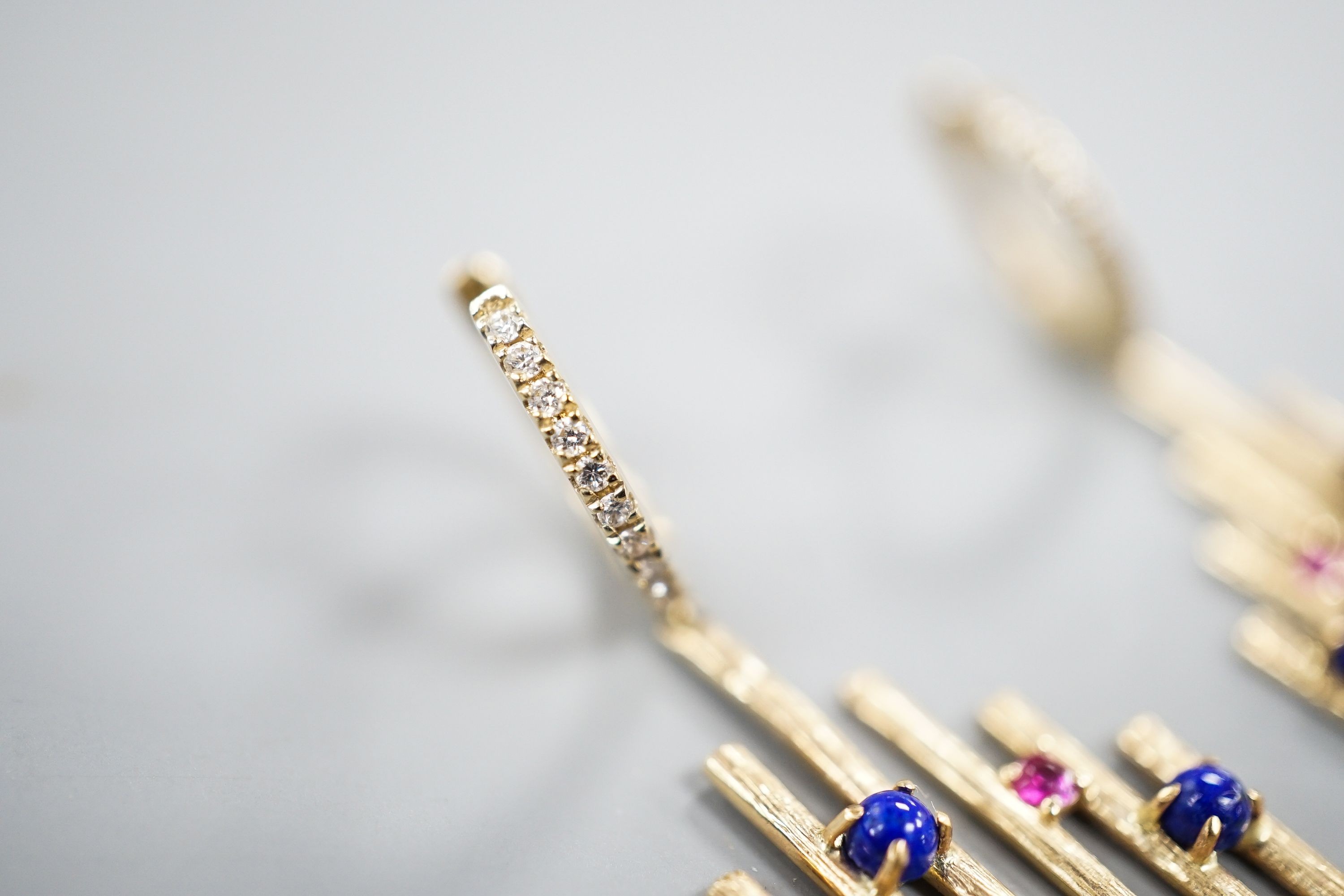 A pair of modern 585 yellow metal, ruby, lapis lazuli and diamond set Dynasty earrings, overall 48mm, gross weight 6.4 grams.